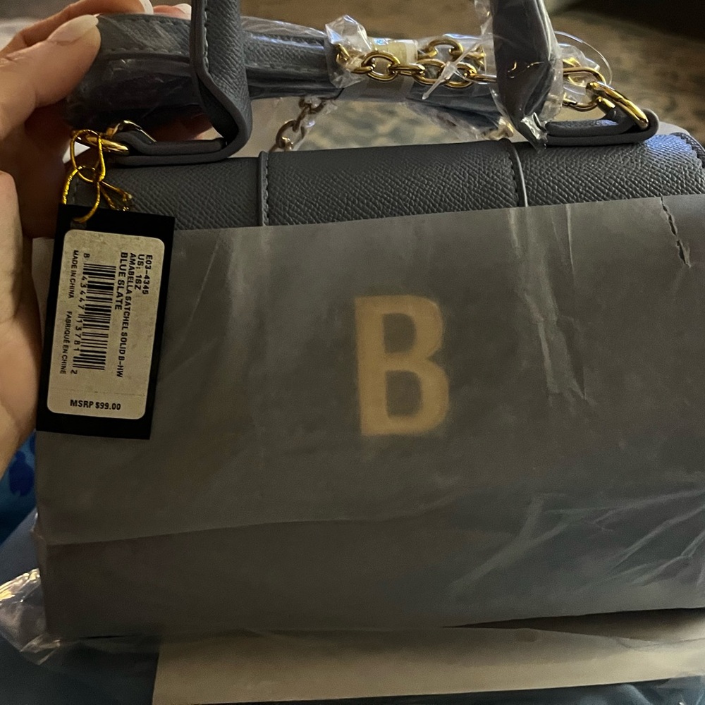 Bebe Cottage Blue Mini Bag w/Gold Chain& cottage blue leather detailing. Nwt
